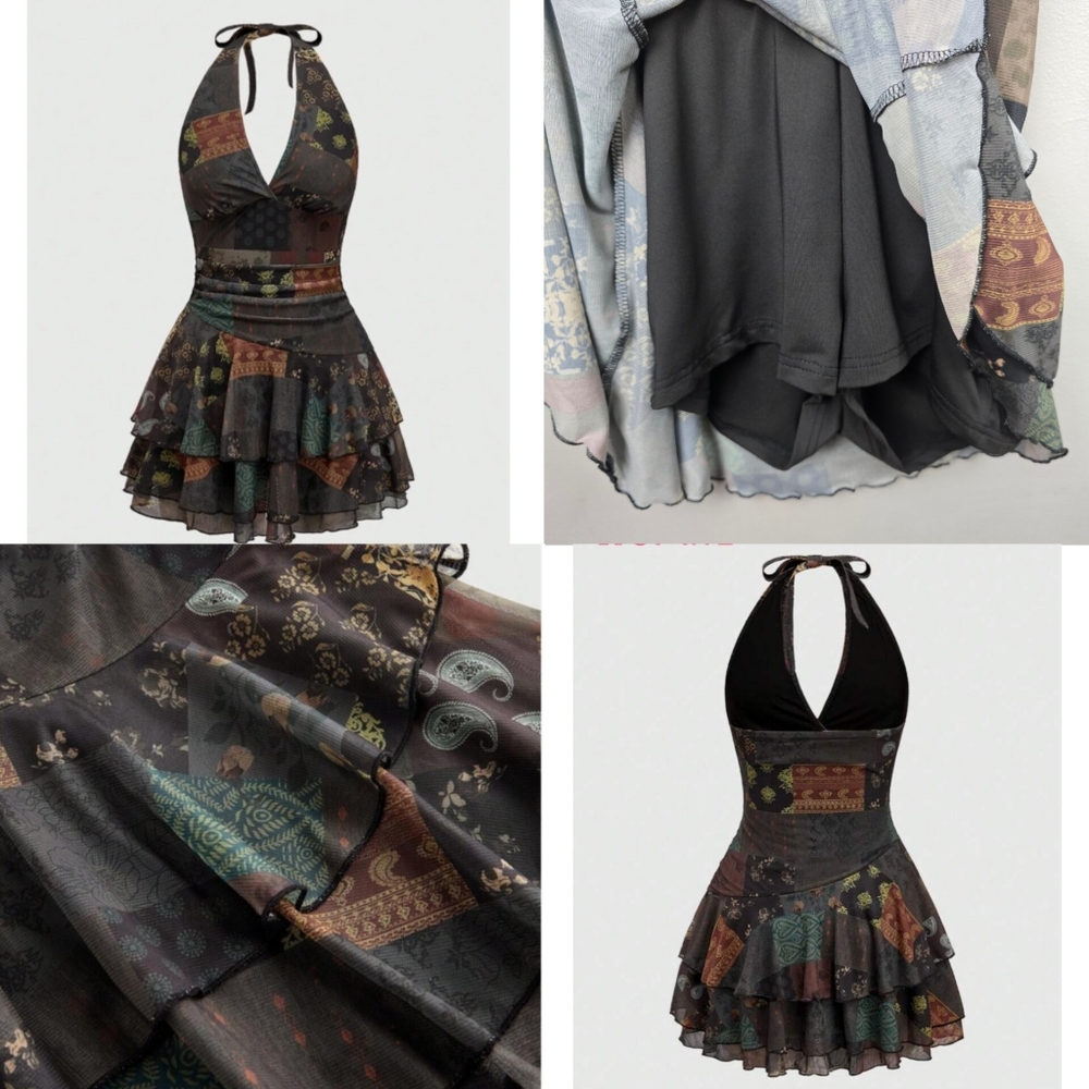 Mesh Halter Patch Multi-Layer Hem Skort Dress Gre… - image 2